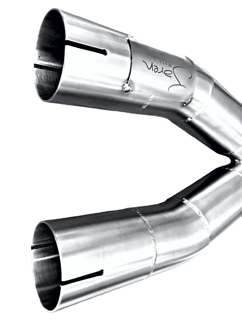 Stainless Y-pipe engraved with the Jaren Metalworks logo